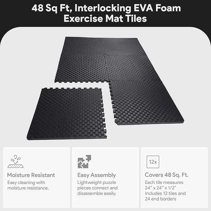 BalanceFrom Puzzle Exercise Mat 1/2" Thick, EVA Interlocking Foam Floor Tiles for Home Gym, Mat for Home Workout Equipment, Floor Padding for Kids, Black, 24 in x 24 in x 1/2 in, 48 Sq Ft - 12 Tiles
