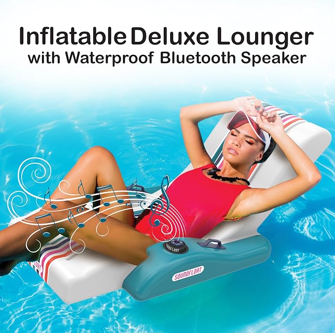 Inspired Living Inflatable Pool Lounger with Bluetooth IPX7 Waterproof Speaker, Cup Holder, Floating Pool Chair for Adults, Kids, Premium Pool Float for Pool Parties, Tanning, Backyard, 250lb Capacity