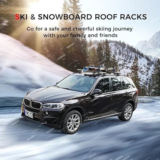 Ski and Snowboard Roof Racks with Anti-Theft Lock, 24.3" Universal Ski Roof Rack Carrier - Fits 6 Pairs Skis or 4 Snowboards, Silver