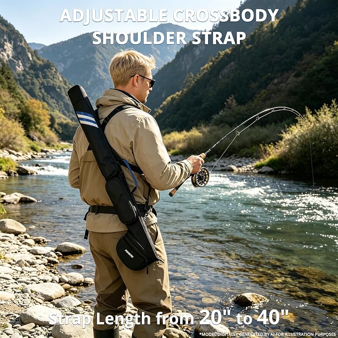 PEKREWS Fly Rod Case, 30.5" Fishing Rod Bag Fit 9' 4-Piece Fly Rod and Reel with 2 Side Pockets, Padded Reel Pouch, Hard Travel Fly Rod Tube with Shoulder Strap, Fishing Pole Holder For Angler, Blue