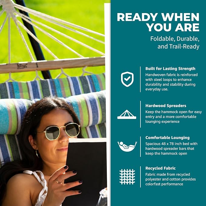 Bliss Hammocks BH-404G 48in Wide Caribbean Hammock w/Pillow, Poolside Patio Backyard Hammock, Includes Straps & Chains, Eco Friendly Polyester & Cotton Blend, 265 Pound Capacity, Candy Stripe