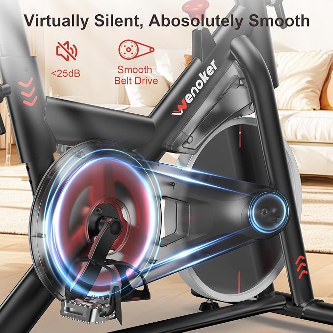 Wenoker Exercise Bike for Home – 350LB Indoor Cycling Bike, Low Noise Stationary Spin Bike with App Sync, Adjustable Seat, LCD Monitor, Smooth & Quiet for Cardio Workout