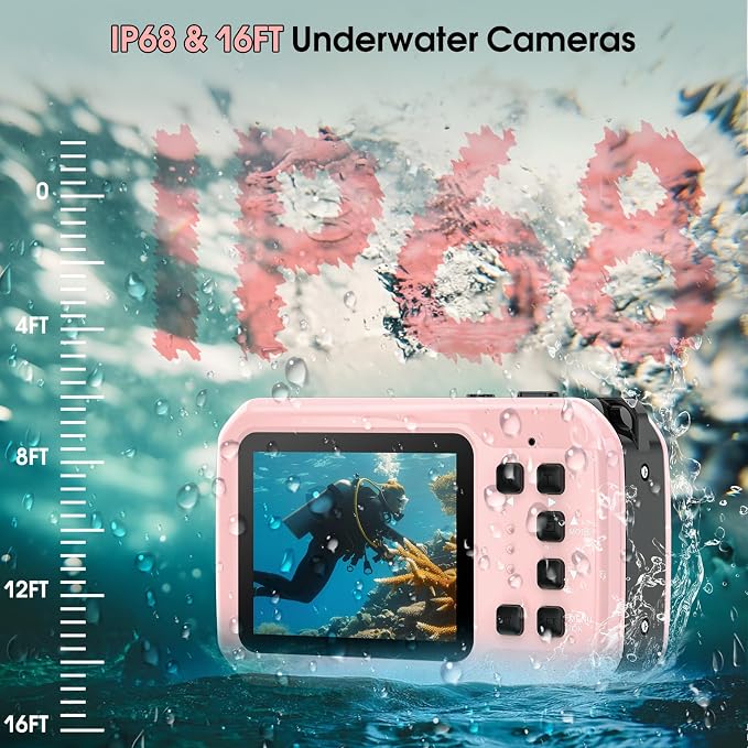 4K Underwater Camera, 64MP 16FT Waterproof Digital Camera with 16GB Card, Autofocus Floatable Waterproof Camera with IPS HD Screen, 16X Digital Zoom, Fill Light, for Snorkeling, Surfing, Swimming