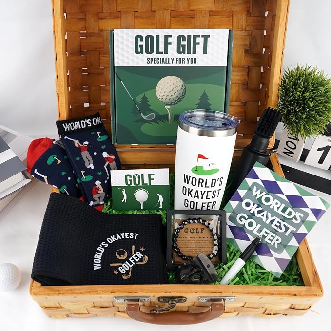 ANOTION Golf Gifts for Men, Dad Gift for Golfers Golf Accessories for Dad Husband Boyfriend Teen, Birthday Golfer Gift Box 20oz Tumbler Club Cleaner Socks Ball Marker Bracelet for Birthday Christmas