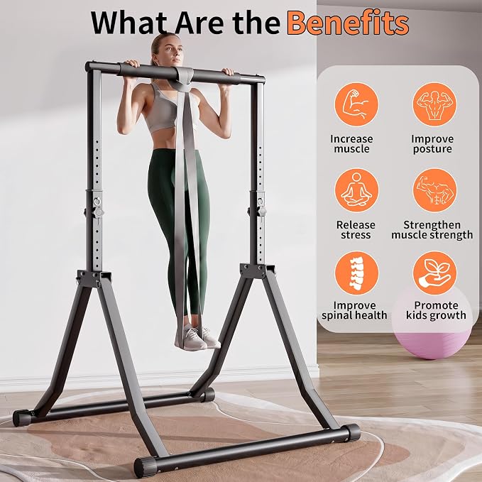 Foldable Power Tower Dip Station for Pull Ups, 58.3"-76.8" 12 Level 700 LBS, Adjustable Dip Handles & Assistance Bands Foldable Home Gym Equipment