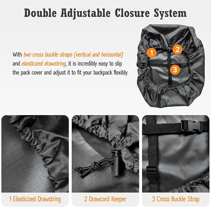 Waterproof Backpack Rain Cover (15-90L), Heavy-Duty Nylon Pack Cover with Upgraded Double Adjustable Closure System and a Carry Pouch for Hiking, Cycling. Durable and Lightweight.