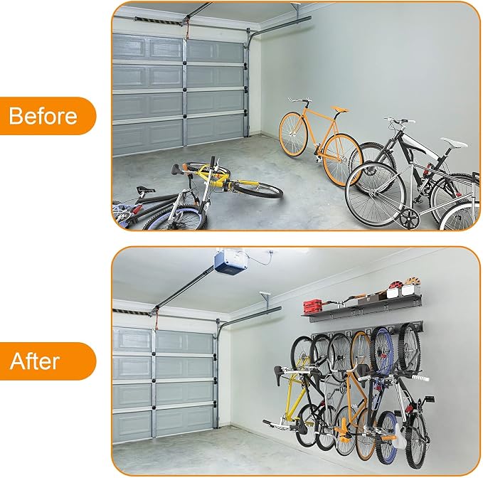 TORACK Wall Mounted Bike Storage Rack with Shelf, 6 Bikes Hangers for Garage, Space Saving Bike Rack Wall Mount, Holds Up to 600 lbs