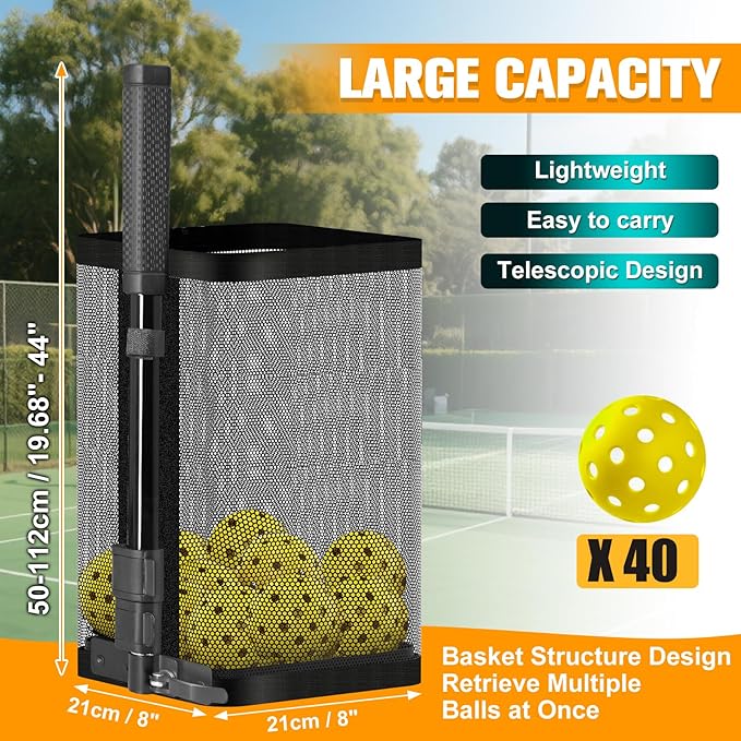 Pickleball Retriever for 40+ Balls, Pickleball Picker Upper, Pickleball Hopper Tube with Telescopic Stainless Steel Handle