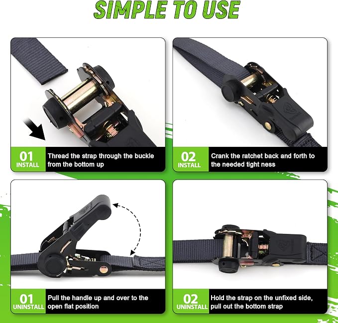 Black Ratchet Straps (4 Pack) - Motorcycle Straps Tie Downs 2,100lb Break Strength - 1 in x 15ft Ratchet Tie Down Straps -15" Soft Loop Tie Down Straps for Truck, Cargos, Motorcycle