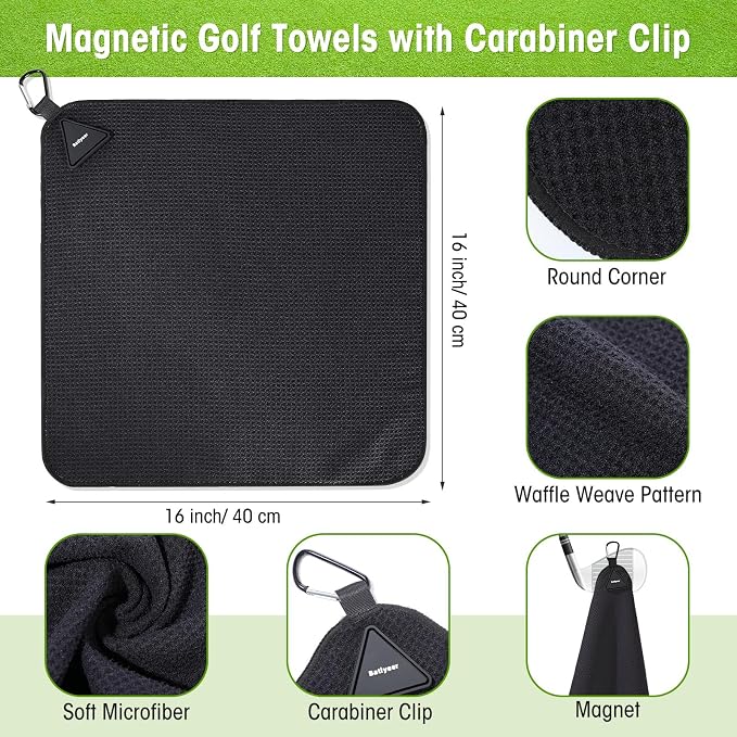 Batiyeer Magnetic Golf Towel Bulk 16" x 16" Microfiber Fabric Towels with Clip Waffle Absorbent Strength Magnet Golf Accessories Ball Cleaner for Carts Men