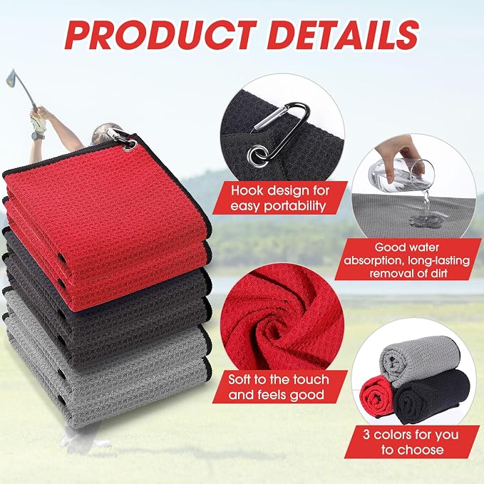 Batiyeer Golf Towels Bulk for Bags, 16"x16" Microfiber Waffle Pattern Golf Towel with Clip for Tournament, Club, Fitness