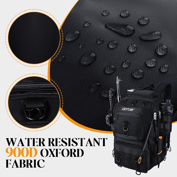 Goture 40L Fishing Tackle Backpack Black, Water-Resistant Fishing Bag with Cooler Compartment & Rain Cover for Saltwater