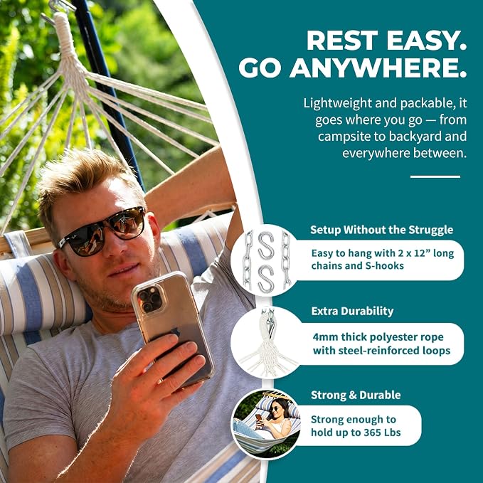 Bliss Hammocks BH-404H 48in Wide Caribbean Hammock w/Pillow, Poolside Patio Backyard Hammock, Includes Straps & Chains, Eco Friendly Polyester & Cotton Blend, 265 Pound Capacity, Nautical Stripe