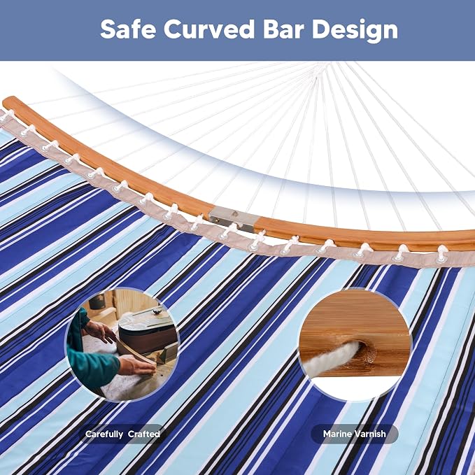 SUNCREAT Double Hammock with Stand Included, Portable Hammock with Stand and Large Pillow, Blue Stripes