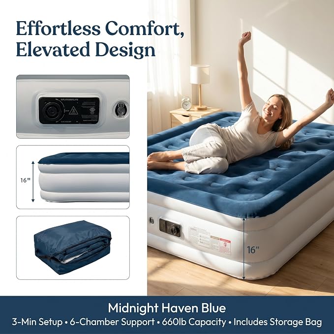 Air Mattress Queen with Built in Pump Comfortable Waterproof Flocked Surface Blow up mattresses for Temporary Family Stays and Travel,16-Inch Blow Up Mattress Inflates in 3 Minutes
