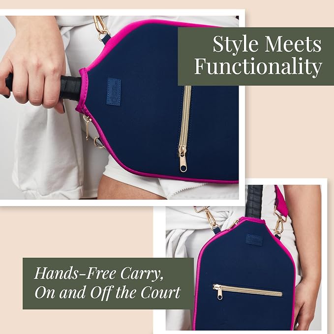 Posh Pickler Crossbody Neoprene Pickleball Bag - Paddle Cover with Adjustable Strap, Built-in Pocket for Essentials, Carabiner Fence Clip, Add-On Ready D-Rings, and Durable Design for Everyday Use
