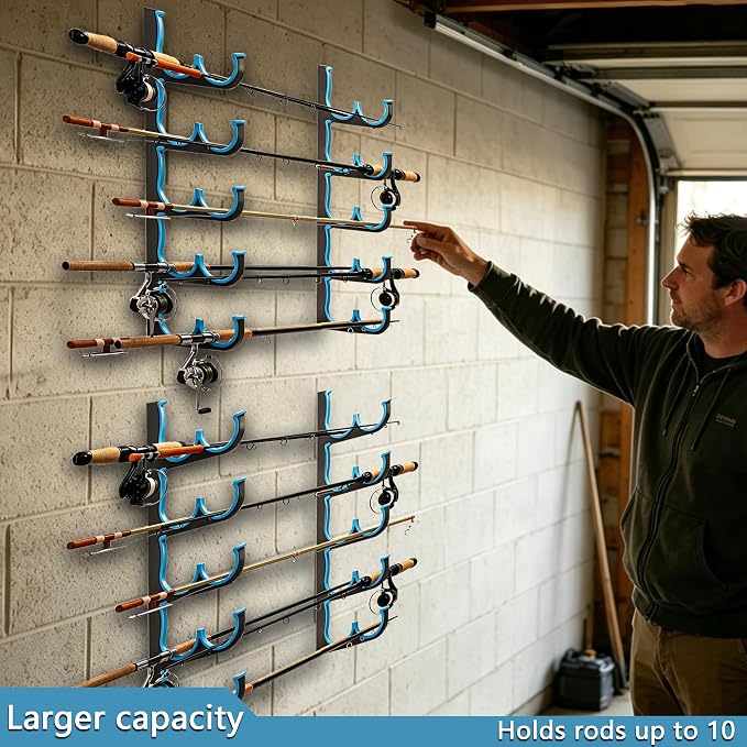 Fishing Rod Holders & Pole Holders for Garage, Wall Mounted Metal Fishing Rod Storage Organizer Rack Holds Up to 6/10/12/20 Rods or Combos, Suitable for Catfish Fishing Gear