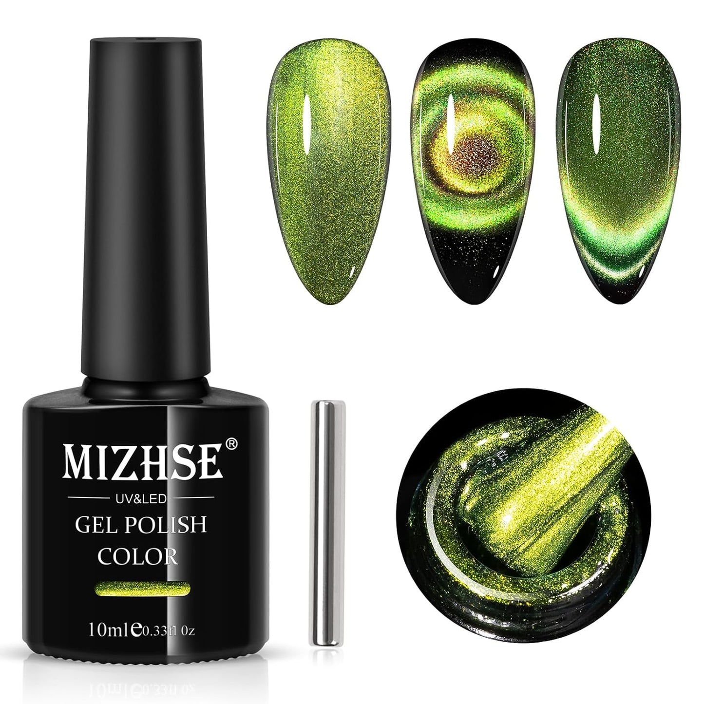 MIZHSE 9D Cat Eye Gel Nail Polish, Bright Green Magnetic Gel Polish with Magnet Stick, Magic Shimmer Galaxy Effect Holographic Glitter Silky Cat Eye Nail Polish Soak Off Nail Art Manicure at Home
