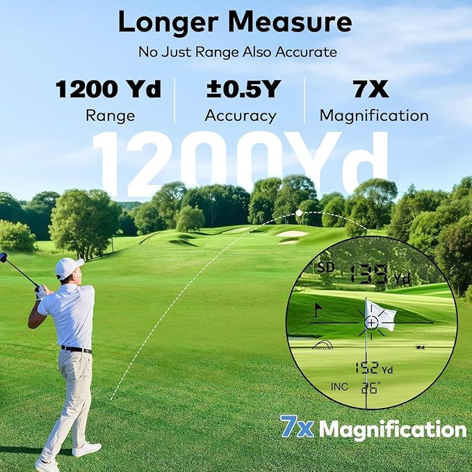 Golf Range Finder with Slope, 1200 Yards Rechargeable Range Finder Golf, 7X Magnification, Flag Lock Vibration, Magnetic Mount,±0.5 Yard Accuracy, Waterproof, Ideal for Golfing & Hunting