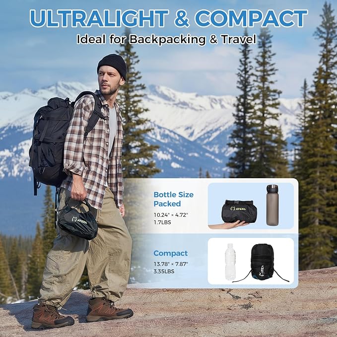 ATEPA Down Sleeping Bag for Adults, Recycled Ultralight 35°F 40°F 45°F 50°F 650FP / 700FP 3 Season Compact Sleeping Bags with Compression Sack for Backpacking Camping Hiking, Can Be Attached to Pad