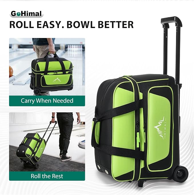 GoHimal Double Roller 2 Ball Bowling Bag with Separate Shoe Compartment for Bowling Shoes (Up To US Mens Size 15) and Oversized Accessory Pocket, Retractable Handle - Extends to 40"
