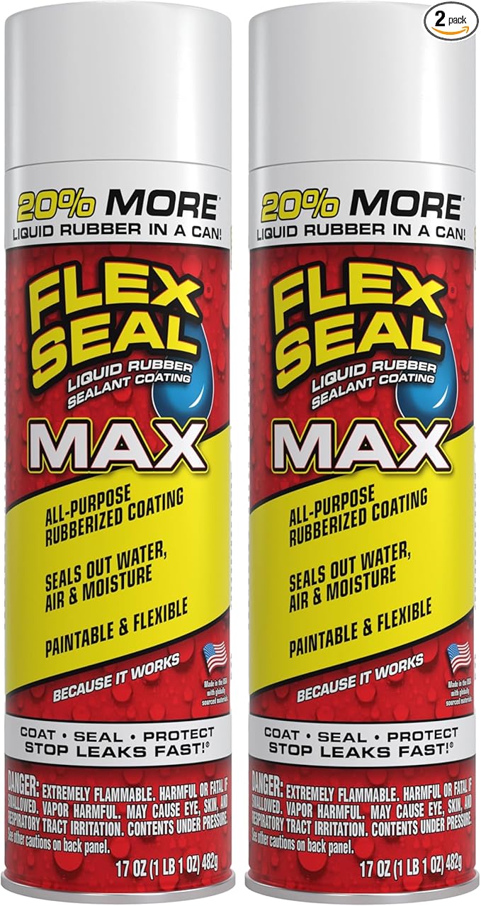Flex Seal MAX, 17 oz, 2-Pack, White, Stop Leaks Instantly, Waterproof Rubber Spray On Sealant Coating, Perfect for Gutters, Wood, RV, Campers, Roof Repair, Skylights, Windows, and More