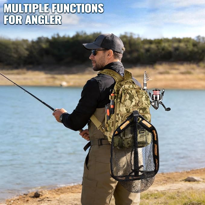 PLUSINNO Fishing Gear,Fsihing Backpack with Floating Fishing Net,Tackle Boxes,Waterproof Fishing Tackle Bag,Fishing Gifts for Men