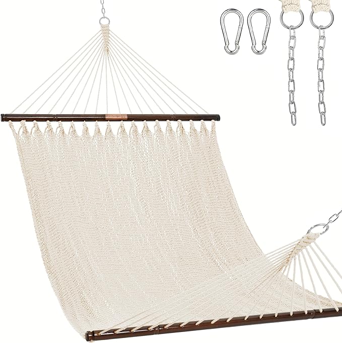 Lazy Daze Hammocks 10.5 FT Double 2 Person Caribbean Rope Hammock, Hand Woven Polyester Hammock with Spreader Bars, for Outside Outdoor Backyard Patio Poolside, 450 LBS Capacity, Cream