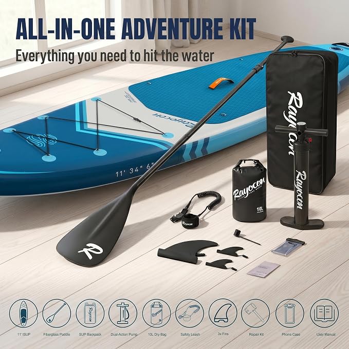 Inflatable Stand Up Paddle Board 11'×34" Extra Wide SUP, Ultra-Stable for Adults & Dog, 450lbs, Dual Chamber Pump, Fiberglass Paddle, Military Grade Dual Layer
