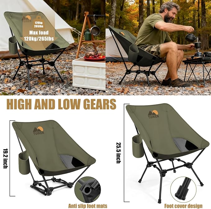 Ultralight Camping Chair Backpacking Chair, Portable Camp Chair with Cup Holder & Storage Bag, Lightweight Compact Folding Chair for Hiking, Travel, Picnic Mountaineering-Gark Green