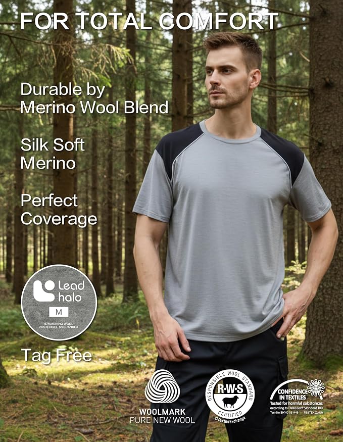 Merino Wool Crewneck T Shirts for Men for Athletic Running Workout, Lightweight Mens Moisture Wicking Shirts