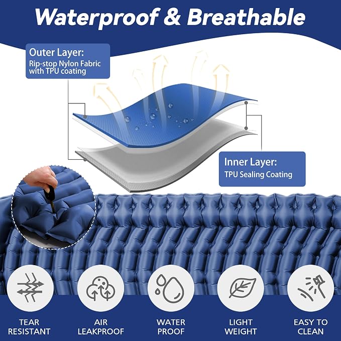 Double Sleeping Pad for Camping - Ultralight Air Mattress with Pillows, Built-in Foot Pump, Compact Inflatable 2-Person Portable Mat for Backpacking, Hiking, Tent, Car Travel, Beach，Road Trip