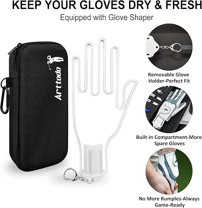 Golf Glove Case with Glove Shaper, Golf Accessories Storage Case for Tees, Ball Markers, Phone, Hard Shell Golf Bag Organizer for Golfers. A Golf Bag Accessories Must Have