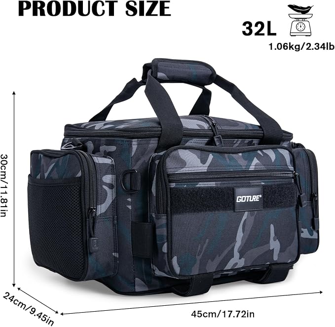 Goture Fishing Tackle Bag,Store Up to 4PCS 3700 Tackle Boxes(Not Included),600D Soft Side Water-Resistant Saltwater Gear Storage Fishing Bag with Rod Straps,Detachable Water Bottle Pouch,SBS Zippers