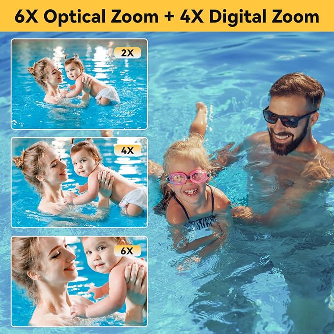 Underwater Camera, 2.7K 56MP 33FT Waterproof Digital Camera with 6X Optical Zoom & 4X Digital Zoom 2.8" IPS Screen, Ideal for Snorkeling, Swimming and Outdoor Adventures with 32G Card