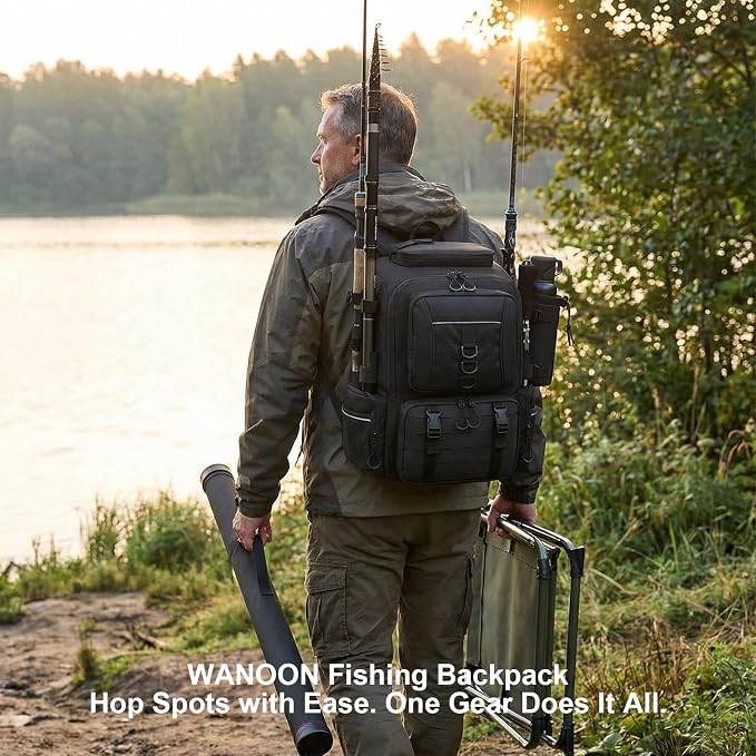 WANOON Fishing Backpack 45L - Waterproof with Insulated Bait Pocket & 4 Rod Holders | Easy-to-Clean Cooler Liner