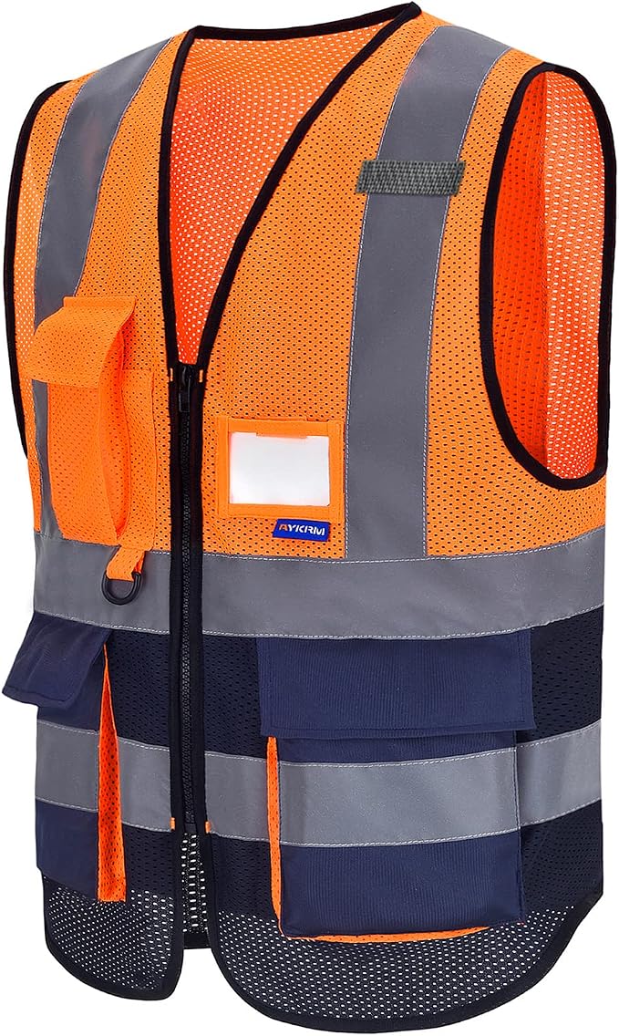A-SAFETY High Visibility Mesh Safety Reflective Vest with Pockets and Zipper,Hi Vis Viz Reflective Safety Vest(Orange&Navy Mesh XXL)