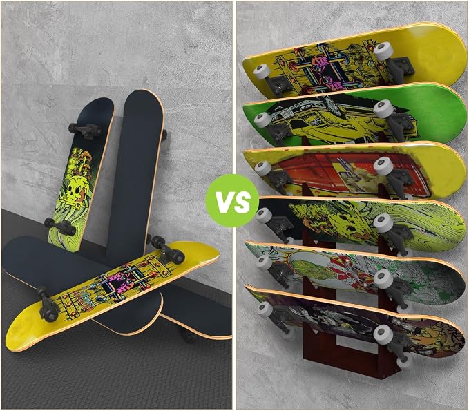 Skateboard Rack Wall Mount 6-Tier Wooden Skateboard Storage Rack Holder Skateboard Stand Display Organizer Skateboard Hanger for Longboard, Deck, Standard Skateboards