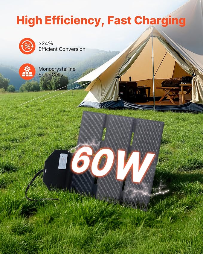 VEVOR 60W Foldable Solar Panel Charger, 16BB N-Type Monocrystalline Solar Panel 24% Efficiency, Lightweight Portable with MC4 Output, Type-C, USB-A & DC Ports for Power Stations Camping Hiking