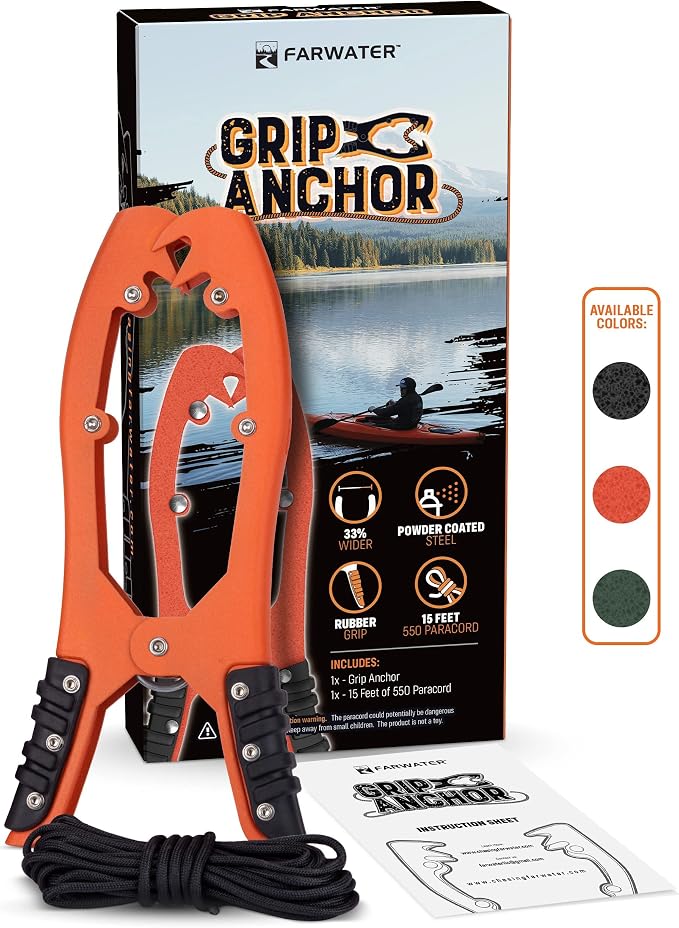 Canoe Anchor Grip - Boat, Float Tube & Kayak Fishing Accessories, Kayaking Equipment - Brush Clamp Anchor with Teeth - Gripper with 15ft Paracord - Rubber Grips - Coated Steel -