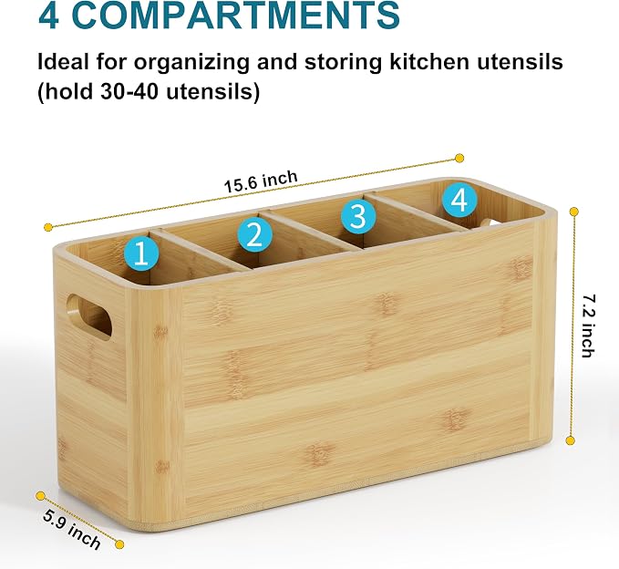 Bamboo Utensil Holder for Kitchen Counter, Extra Large Utensil Organizer for Countertop with 4 Compartments, Cooking Utensil Holder for Spatula Kitchen Storage