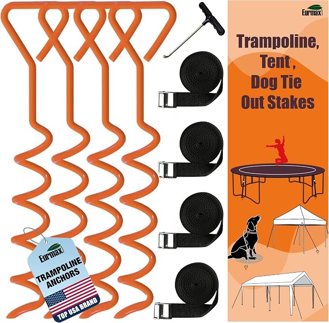 EURMAX USA 4-Pack Windproof Trampoline Stakes Anchor Kit-Steel Corkscrew Anchor,Heavy Duty Tie Down Kit with T-Hook&Reinforced Safety Straps,Secure Weatherproof Protection for Trampoline,Tent&Playset