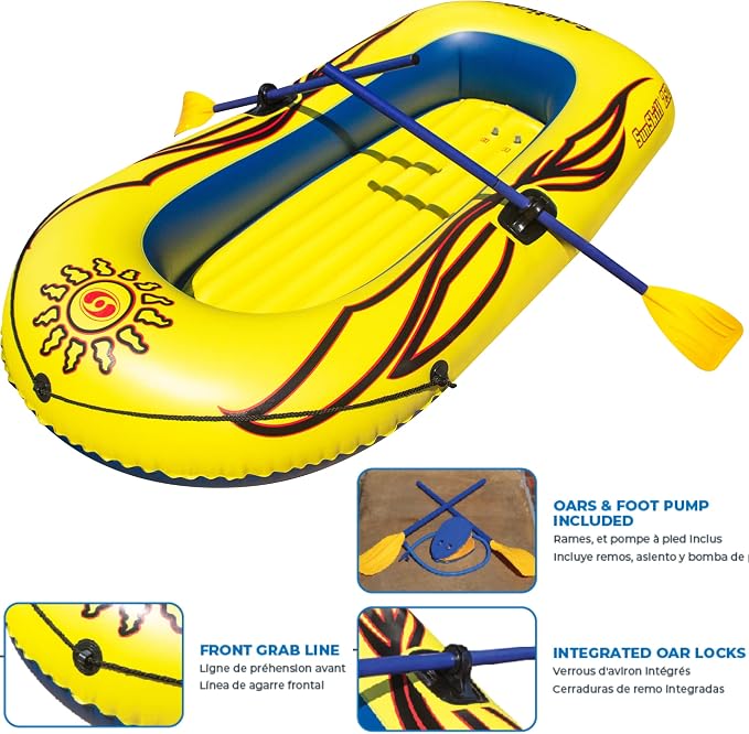 SOLSTICE Inflatable Boat Rafts 2 Person for Adults & Kids Comes W/ Oars Paddles Pump Pole Oar Holders Cushioned Comfortable Base Grab Line 6 Ft Size Sunskiff Kits Dinghy Air Floor Yellow