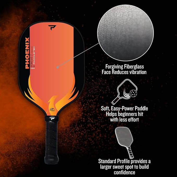 Paddletek Phoenix Genesis 2 – 14mm Pickleball Paddle – Fiberglass Composite Face – Easy Power & Soft Feel – USAPA Approved Pickle Ball Paddle – 5.25 Inch Handle