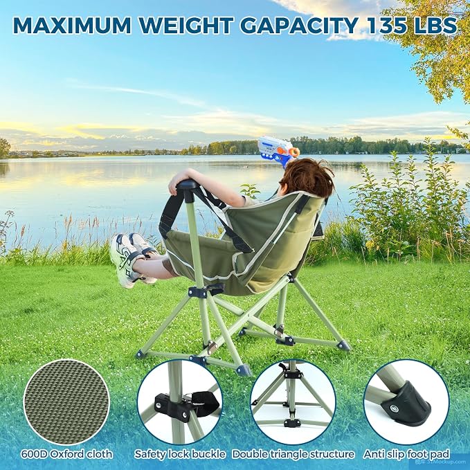Kids Hammock Chair,Adjustable Kids Camping Chair,Folding Chair with Stand,Portable Hammock Chair for Camping, Travelling and Patio,Green,Supports 135 LBS