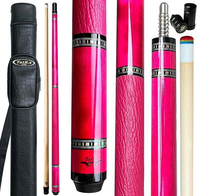 Tai ba cues 2-Piece Pool cue Stick with Case, Genuine Leather Grip, 13mm Tip, 58", 3/8 * 8 Pin Joint, Hardwood Canadian Maple Professional Billiard Cue Stick 19, 20, 21 Oz, Pink, Blue, Green, Orange