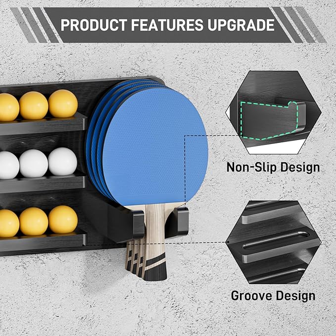 Ping Pong Paddle Holder Wall Mount Hold 8 Paddles and 12 Ball Storage, 100% Solid Wood Ping Pong Paddle Storage Rack, Table Tennis Accessories Organizer in Game Room,Man,Cave,Office,Home, Black
