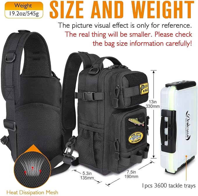 Dovesun Small Fishing Backpack with Tackle Boxes Fishing Sling Bag DIY Embroidery Patches Tackle Bag Gift for Men Black