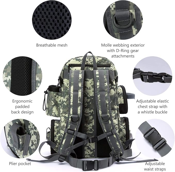 BASSDASH Fishing Tackle Backpack Water Resistant Tactical Bag Soft Tackle Box with Rod Holder and Protective Rain Cover