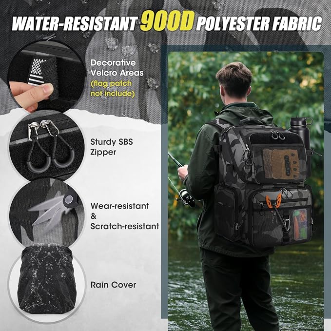 RAINSMORE 45L Fishing Backpack with Rod Holders & Rain Cover Large 900D Water-resistant Fishing Tackle Bag Store Fishing Gear